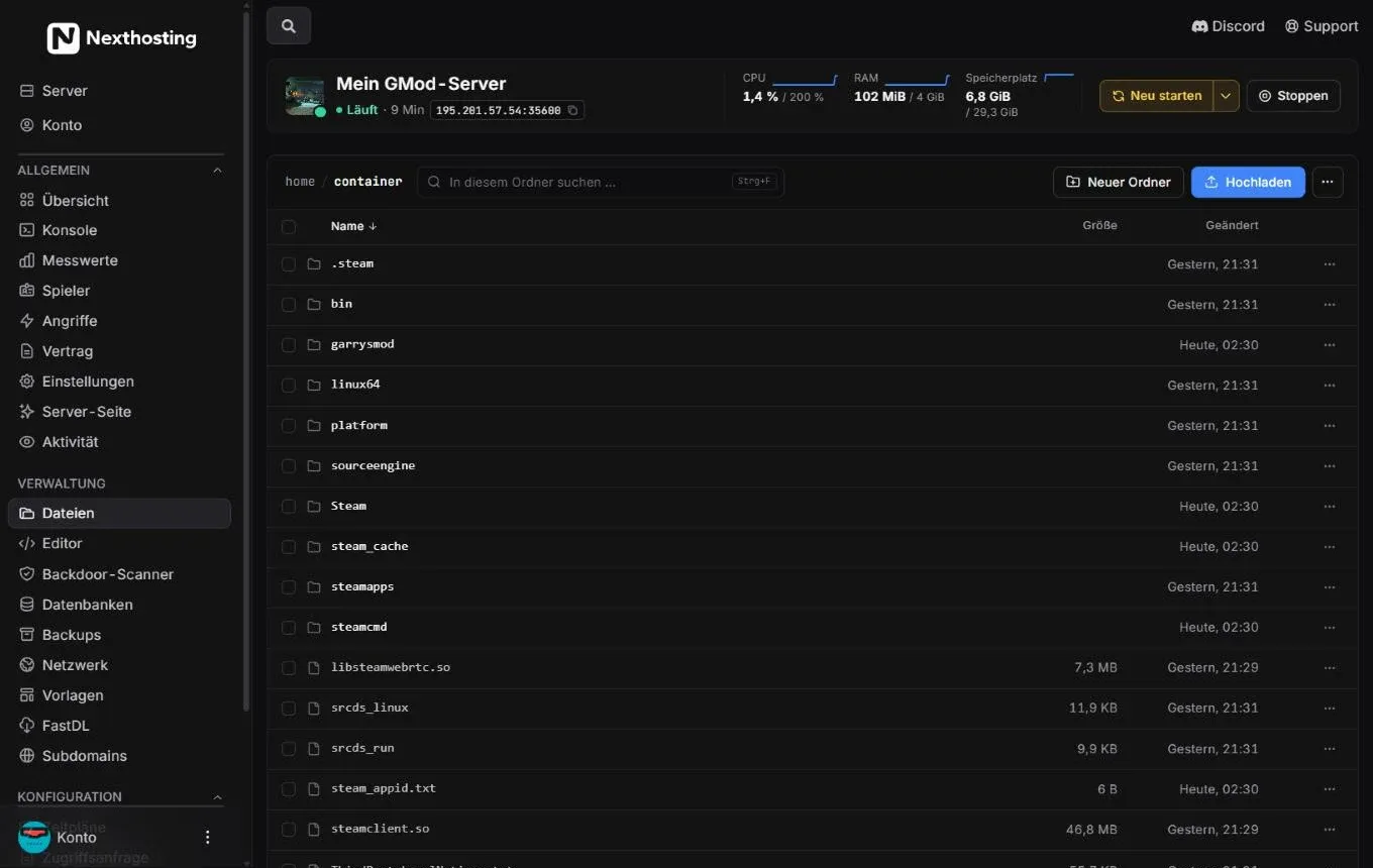 File manager of a Garry's Mod server in the Nexthosting panel with folder list, search and the buttons Neuer Ordner and Hochladen