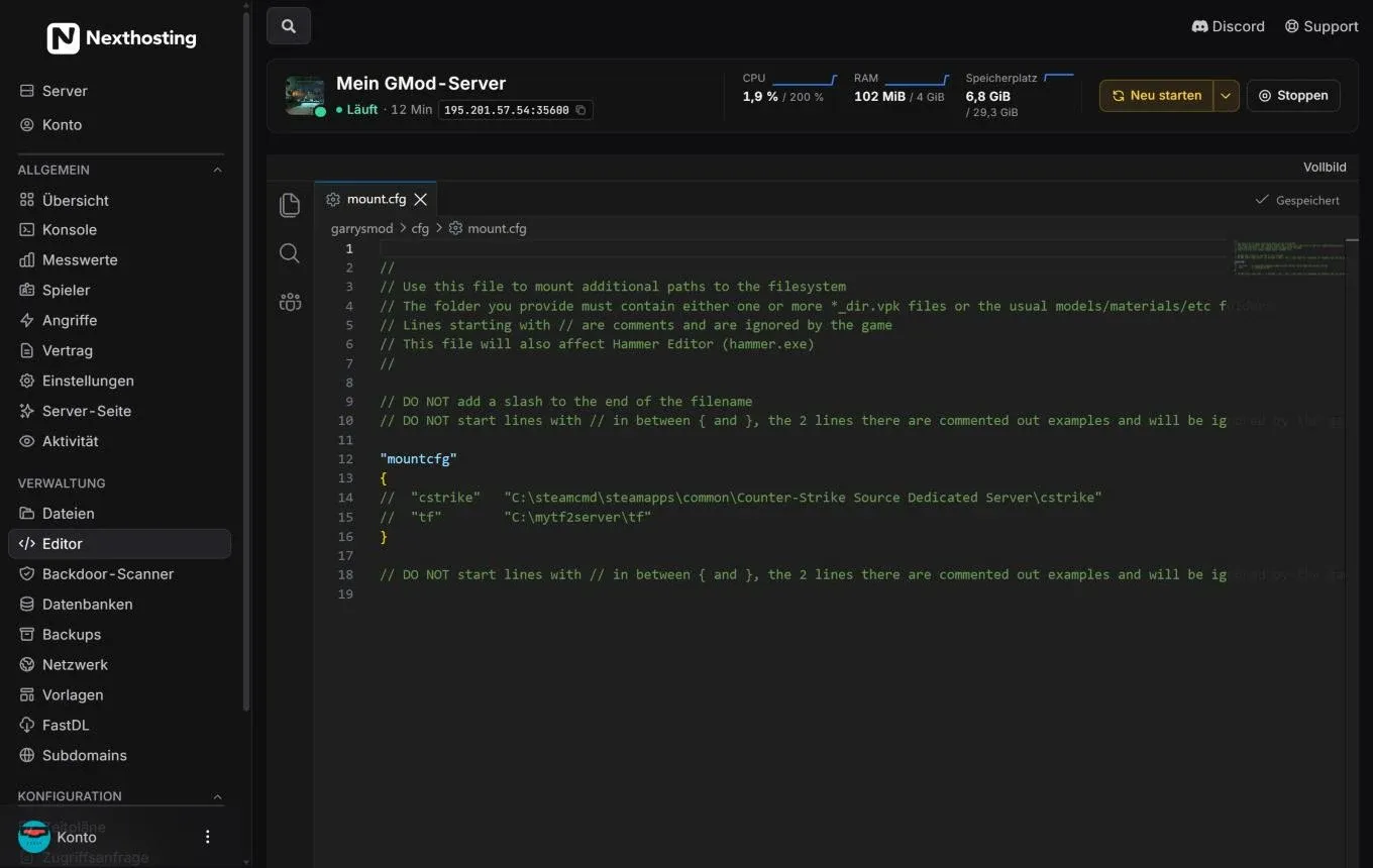 File editor in the Nexthosting panel with the file mount.cfg open, tabs, path bar and line numbers