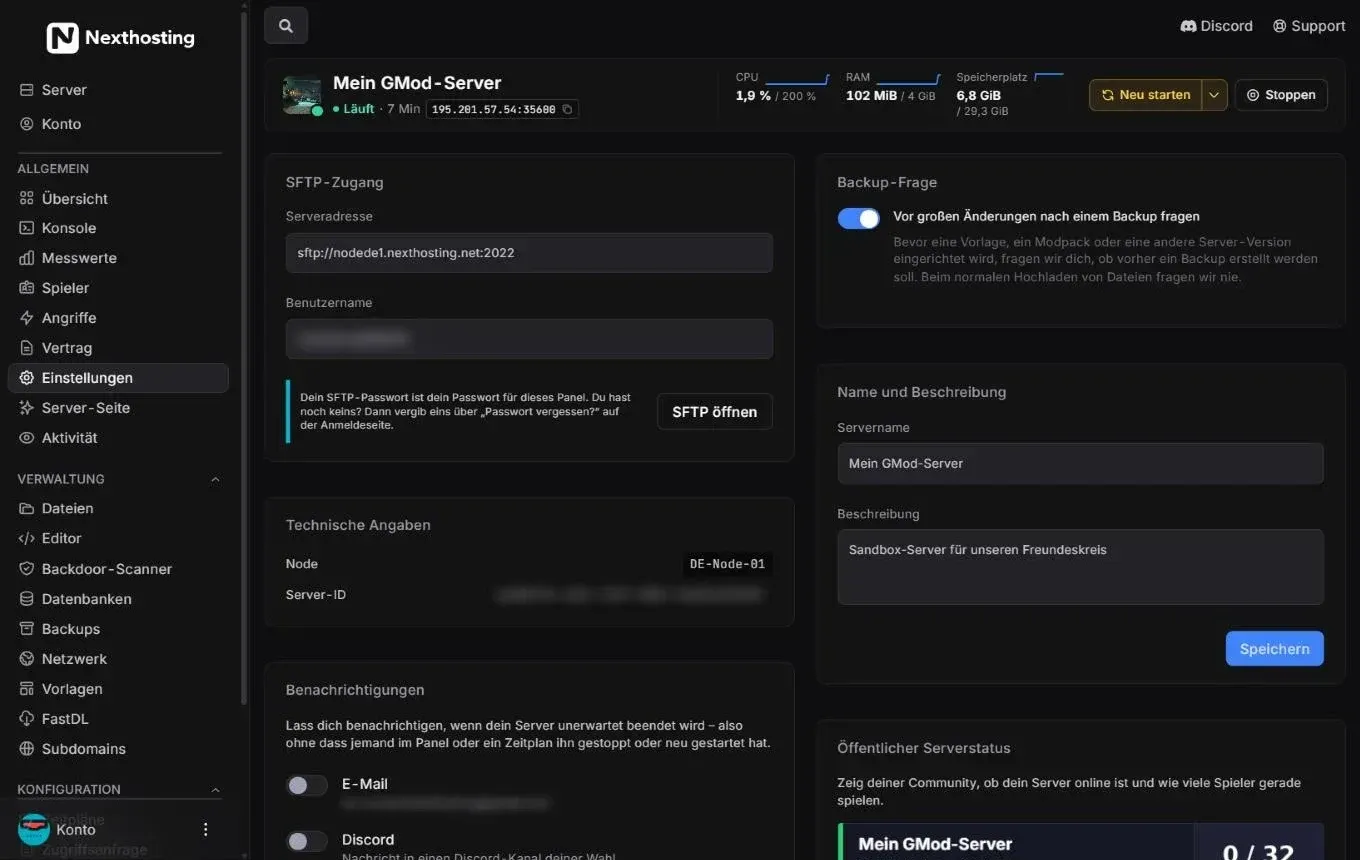 SFTP-Zugang box in the settings of a game server with server address, username and the SFTP öffnen button