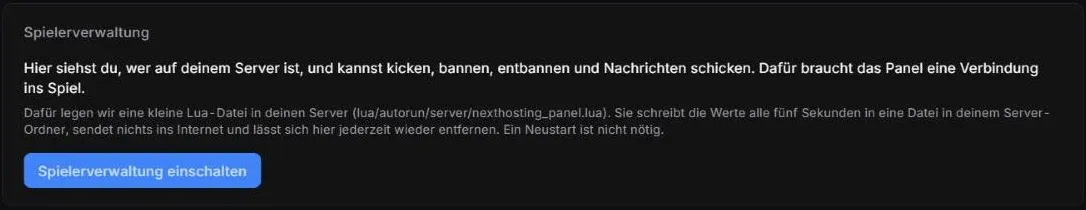Spielerverwaltung im Nexthosting-Panel mit Knopf Spielerverwaltung einschalten für Garry's Mod