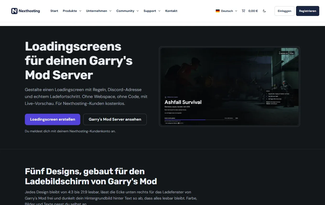 GMod Loadingscreen Generator page on nexthosting.net with a loading screen preview and the Loadingscreen erstellen button