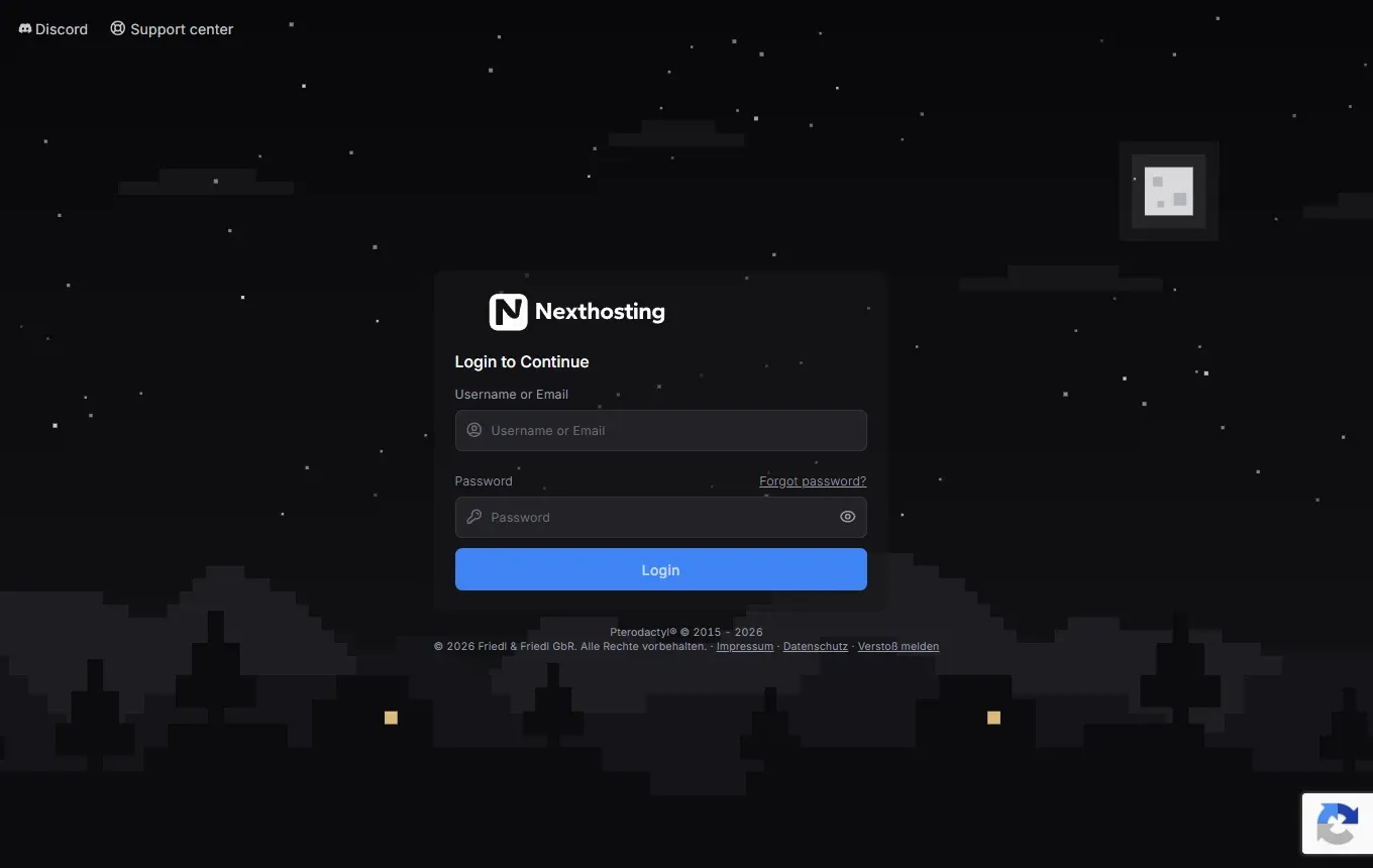Anmeldeseite des Gameserver-Panels von Nexthosting mit Feldern für Benutzername und Passwort