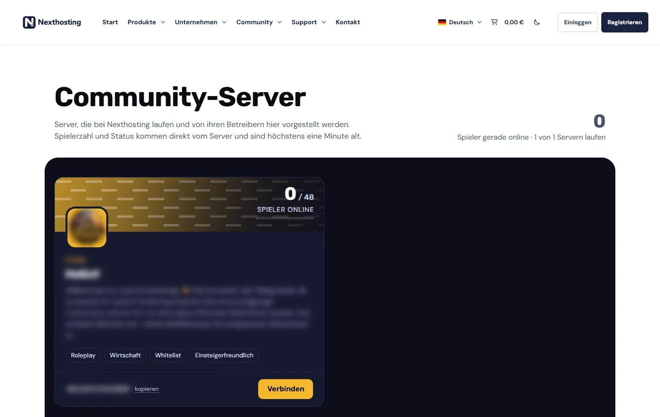 Community-Server-Seite auf nexthosting.net mit einer Serverkarte, Spieleranzeige, Schlagworten und Knopf Verbinden