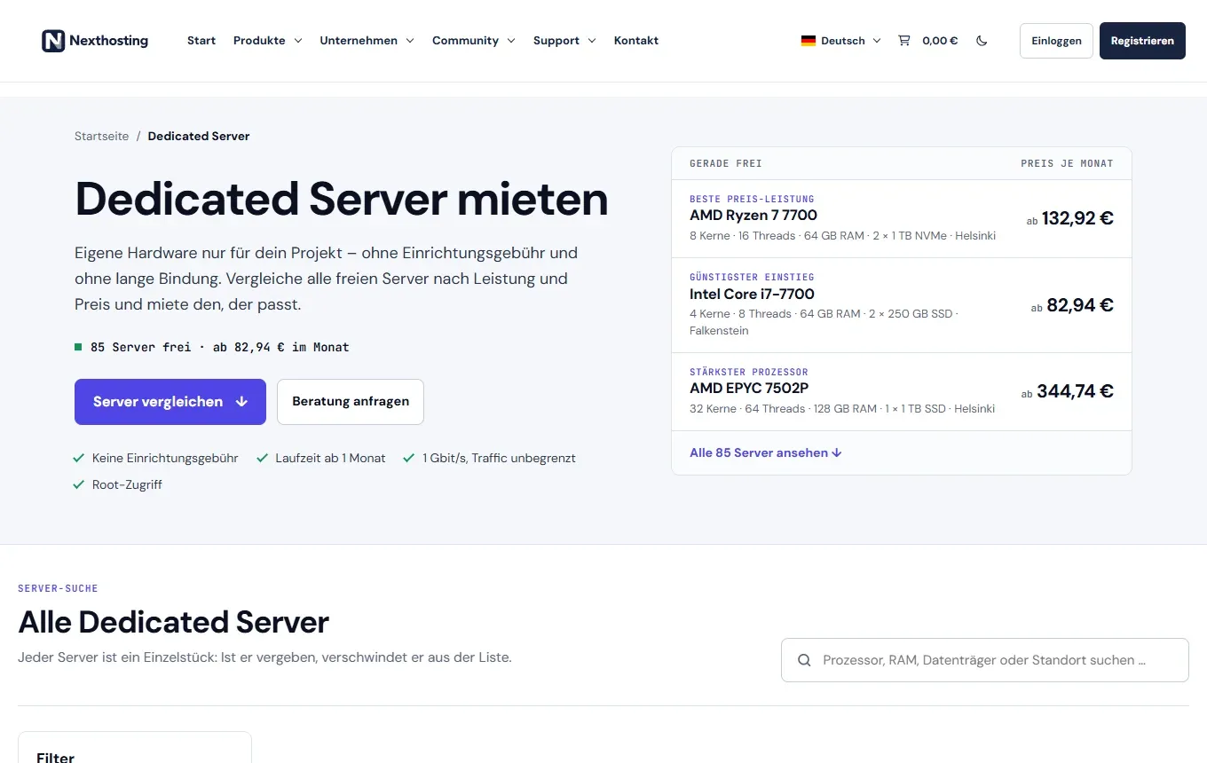 Seite Dedicated Server mieten bei Nexthosting mit der Liste Gerade frei und den Buttons Server vergleichen und Beratung anfragen