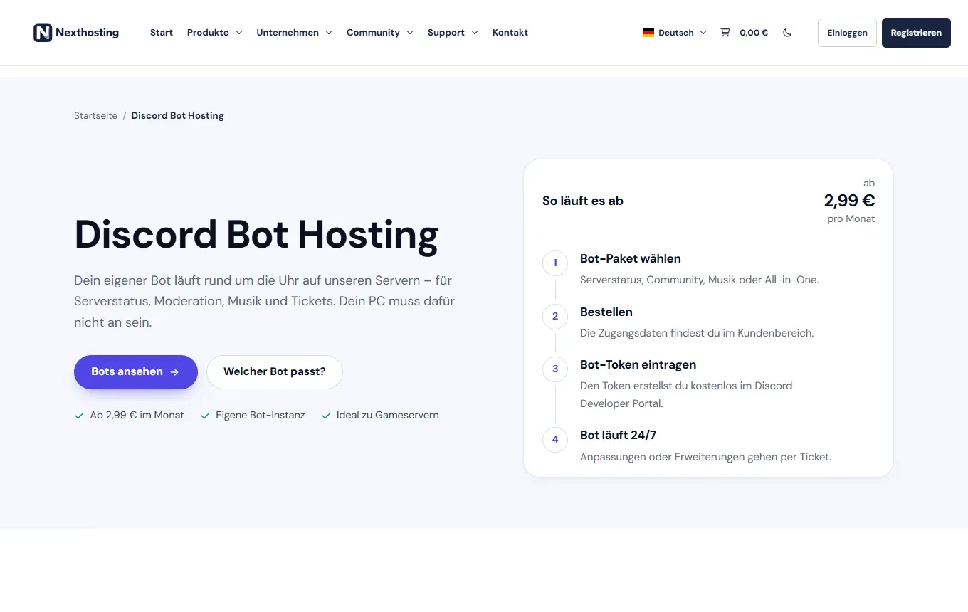 Discord bot hosting page at Nexthosting with the box So läuft es ab (how it works)