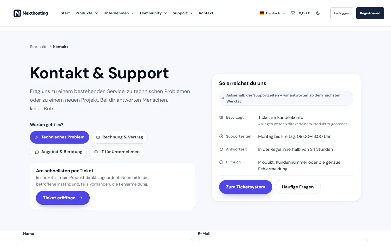 Nexthosting contact page with the topics Technisches Problem (technical problem), Rechnung und Vertrag (invoice and contract), the button Ticket eröffnen (open ticket) and the support hours
