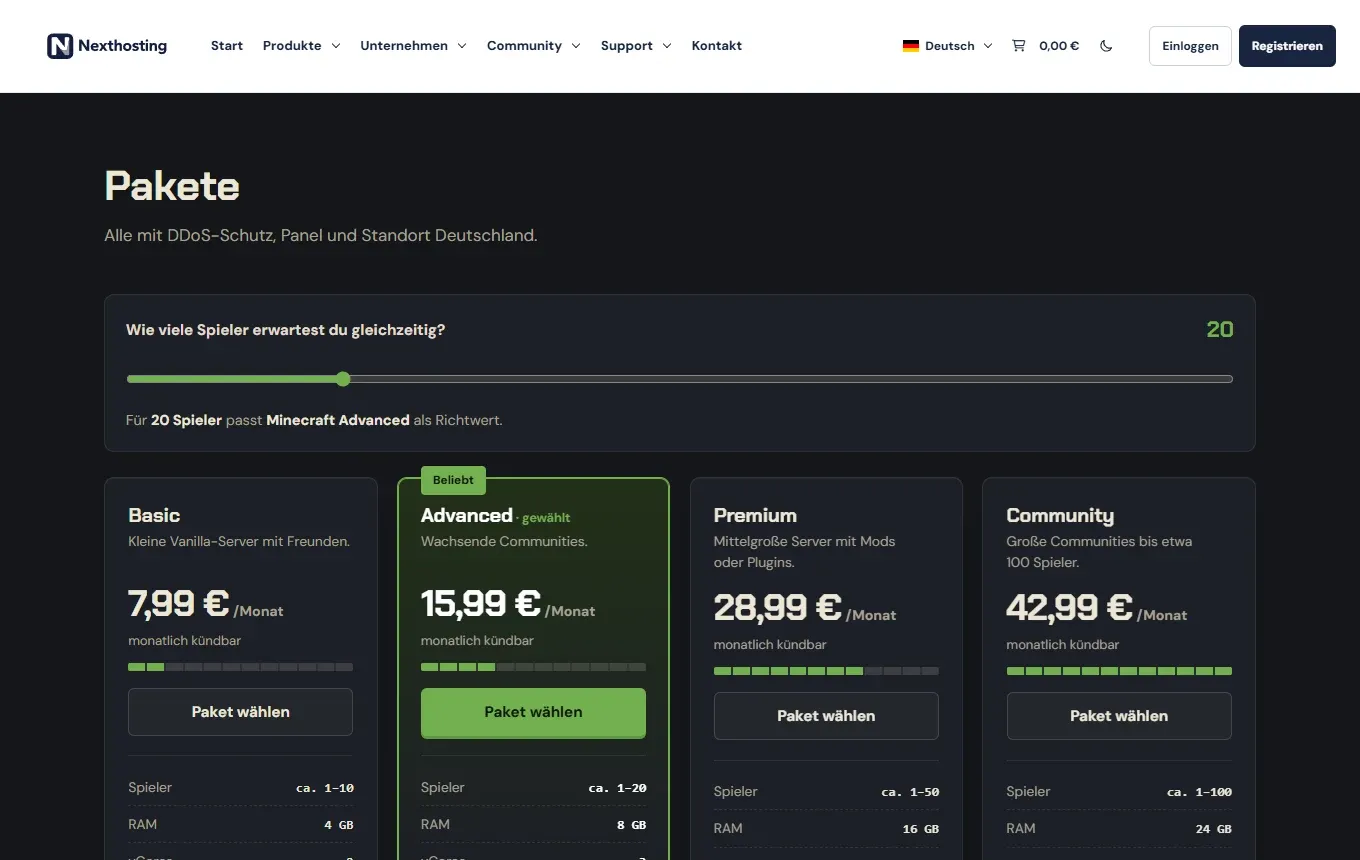 Plan selection for Minecraft servers in the Nexthosting shop with Basic, Advanced, Premium and Community
