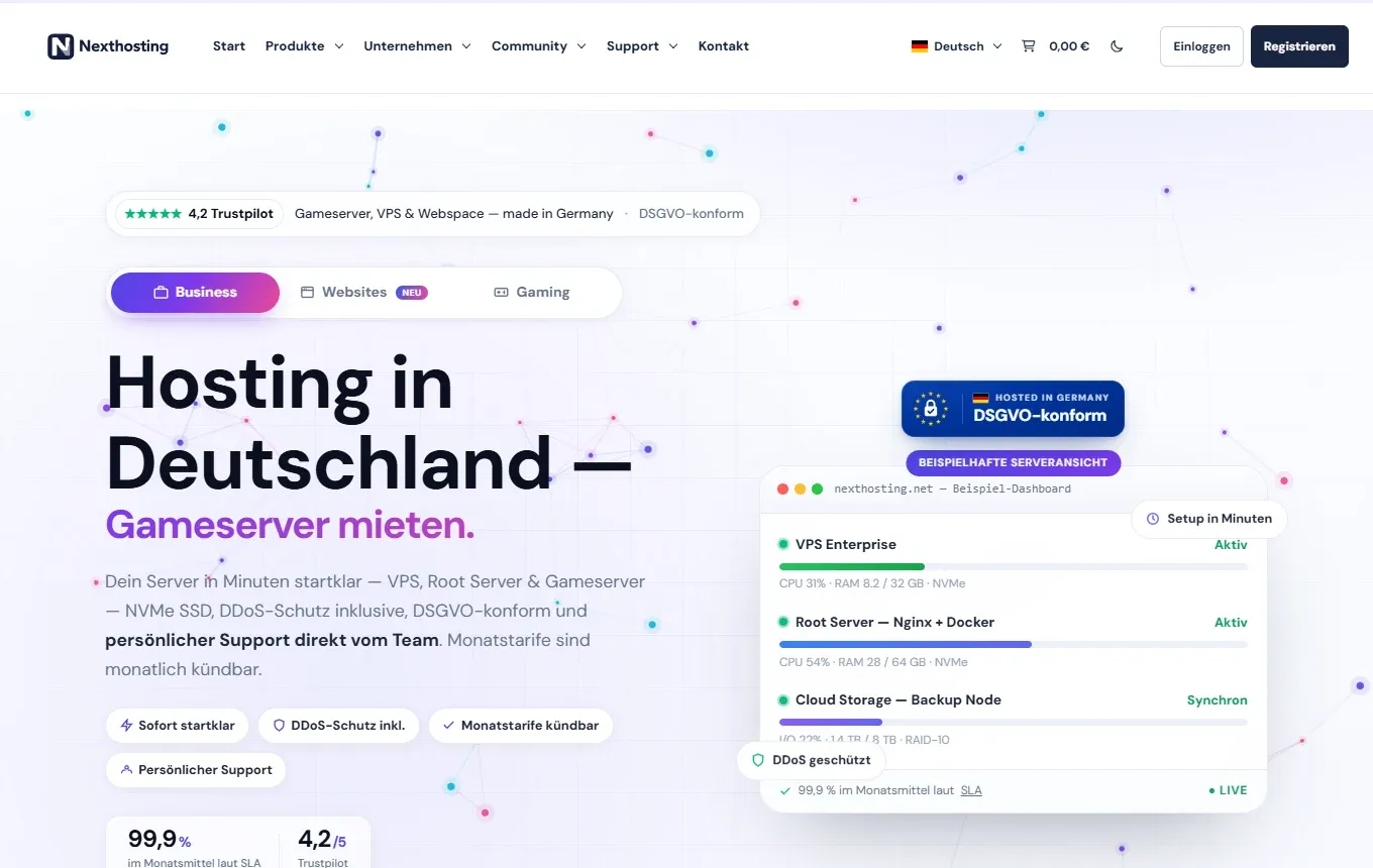 Nexthosting home page with menu, login and register