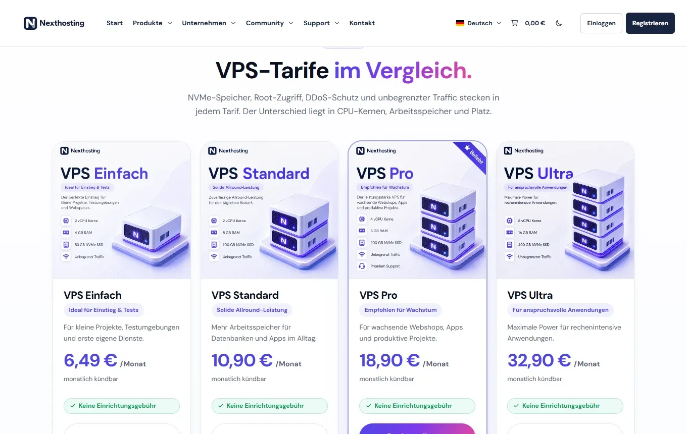 Comparison of the VPS plans Einfach, Standard, Pro and Ultra with prices, cancellable monthly and without setup fee