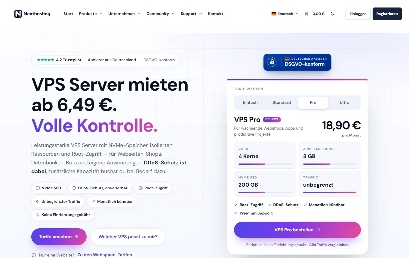 Rent a VPS server at Nexthosting page with plan selector Einfach, Standard, Pro and Ultra