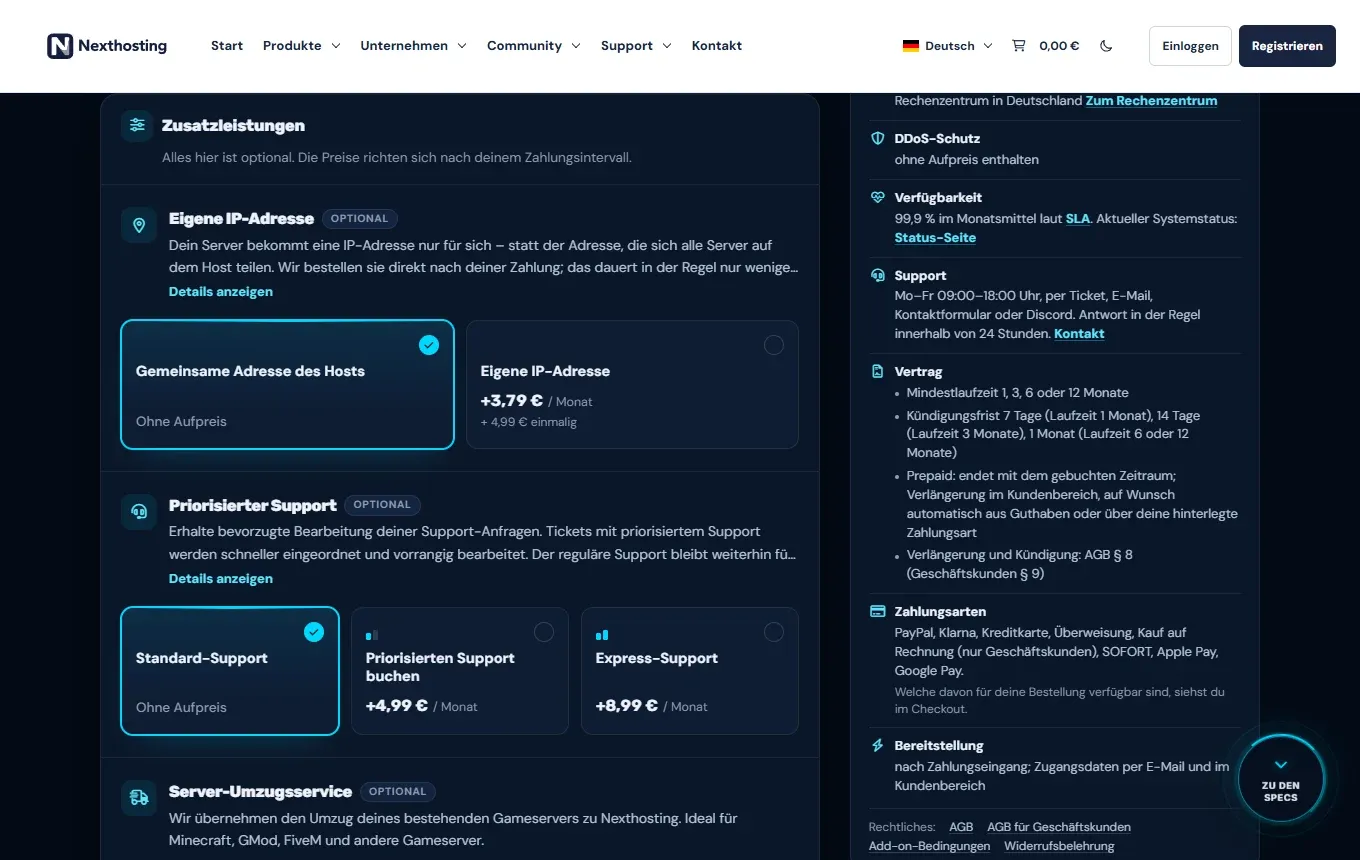 Abschnitt Zusatzleistungen im Nexthosting-Konfigurator mit Eigener IP-Adresse und Priorisiertem Support, rechts die Box Das gilt für dieses Produkt mit Vertrag, Zahlungsarten und Bereitstellung